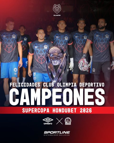 T-Shirt, People, Advertisement. Text: OLIMPIA FELICIDADES CLUB OLIMPIA DEPORTIVO CAMPEONES SUPERCOPA HONDUBET 2026 X umbro SPORTLINE