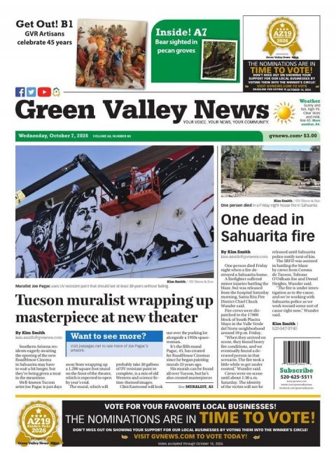 Person, Advertisement, Poster. Text: Get Out! B1 GVR Artisans AZ19 celebrate 45 years Bear sighted in 2026 pecan groves - THE NOMINATIONS ARE IN TIME TO VOTE! f Green Valley YOUR News VOICE YOUR COMMUNITY NEWS YOUR One dead in Sahuarita