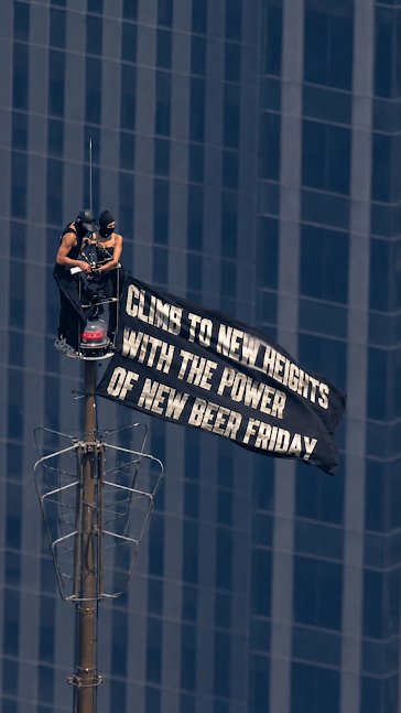 Person, Worker, Woman. Text: CLIMS TO NEW HEIGHTS WITH THE POWER OF NEW BEER FRIDAY