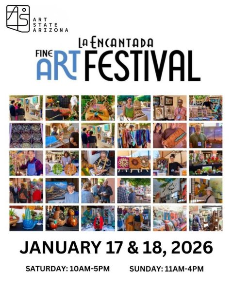 Art, Collage, Person. Text: ART STATE ARIZONA LA ENCANTADA FINE FESTIVAL JANUARY 17 &amp; 18, 2026 SATURDAY: 10AM-5PM SUNDAY: 11AM-4PM