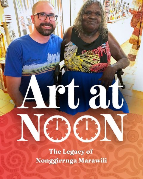 T-Shirt, Glasses, Book. Text: Art at NOON The Legacy of Nonggirrnga Marawili