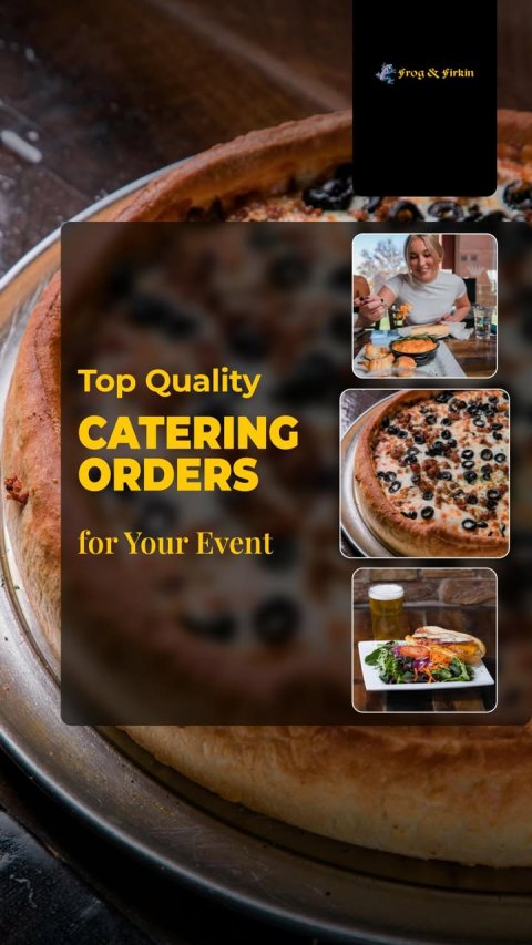 Advertisement, Person, Woman. Text: Frog &amp; Firkin Top Quality CATERING ORDERS for Your Event