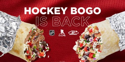 Burrito, Food, Sandwich Wrap. Text: HOCKEY BOGO IS BACK USA HOCKEY NHLPA