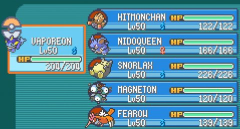 Scoreboard, Game, Super Mario. Text: HITHONCHAN HP 122/122 VAPOREON NIDOQUEEN HP HP HP HAGNETON HP 120/120 FEAROH HP