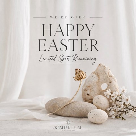 Book, Publication, Linen. Text: WE'RE OPEN HAPPY EASTER Limited Spots Remaining SCALP RITUAL