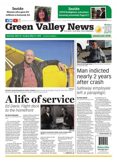 Newspaper, Man, Person. Text: Inside Inside Woman who gave GV GVFD firefighters, volunteers millions is honored, A5 honored, promoted, PageA11 f Green Valley YOUR News YOUR COMMUNITY Weather VOICE YOUR NEWS Saturday, May 30-Sunday May 31, 2020 Man indicted nearly 2 years after crash Safeway employee