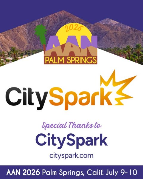 Advertisement, Poster, Mailbox. Text: 2026 AAN PALM SPRINGS City Spark Special Thanks to CitySpark cityspark.com AAN 2026 Palm Springs, Calif. July 9-10