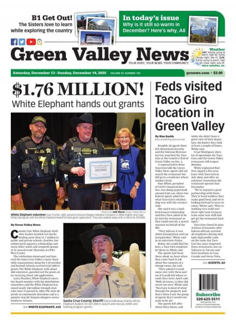Newspaper, Man, Person. Text: B1 Get Out! In today's issue The Sisters love to learn Why is it still so warm in while exploring the country December? Here's why, A8 f Green Valley YOUR News VOICE COMMUNITY Weather YOUR NEWS YOUR Saturday, December 13-Sunday, December 14, 2025 Feds visited $1.76 MILLION! Taco Giro White Elephant hands out grants location in Green Valley