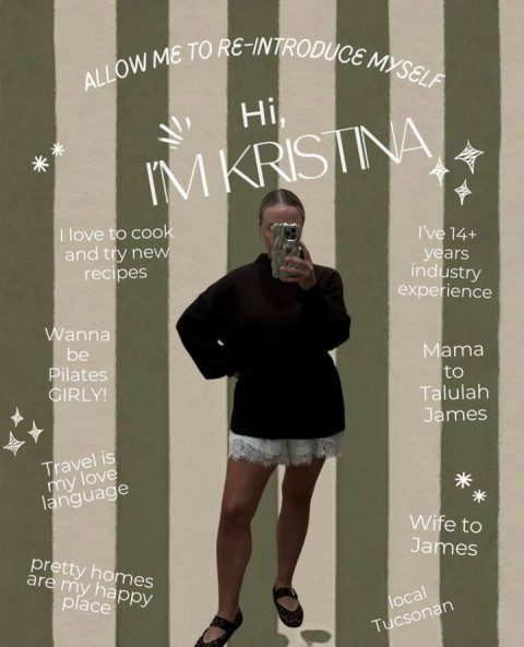 Advertisement, Poster, Shorts. Text: ALLOW ME TO RE-INTRODUCE MYSELF Hi, I've 14+ and try new years recipes industry experience Wanna be Mama Pilates to GIRLY! Talulah James Travel is my love language Wife to James pretty homes are my happy place local Tucsonan