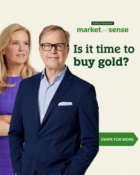 Blazer, Coat, Jacket. Text: market. sense Is it time to buy gold? SWIPE FOR MORE