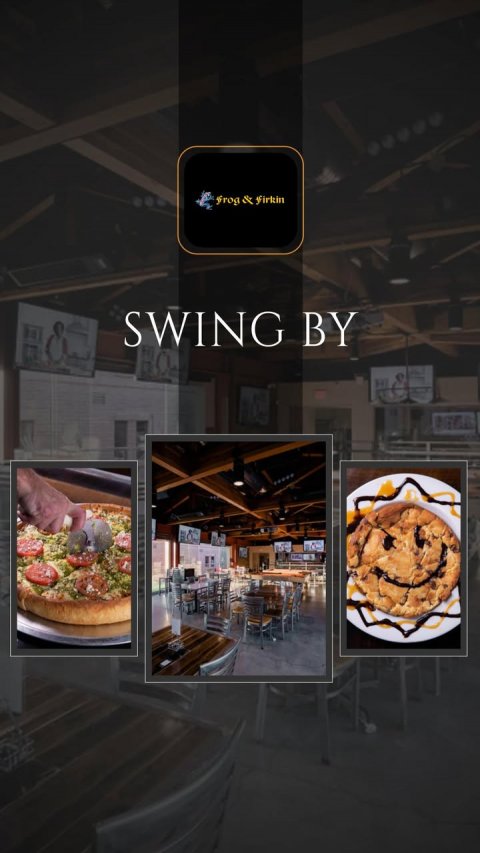 Screen, Monitor, Advertisement. Text: Frog &amp; Firkin SWING BY