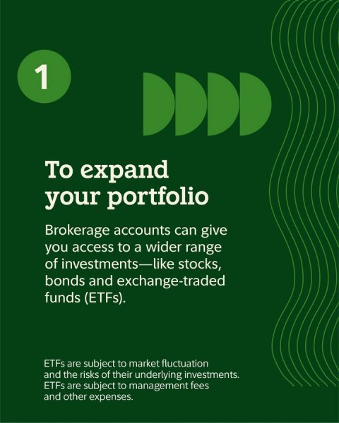 Advertisement, Poster, Blackboard. Text: 1 To expand your portfolio Brokerage accounts can give you access to a wider range of investments-like stocks, bonds and exchange-traded funds (ETFS). ETFS are subject to market fluctuation and the risks of their underlying investments. ETFS are subject to management fees and other expenses.