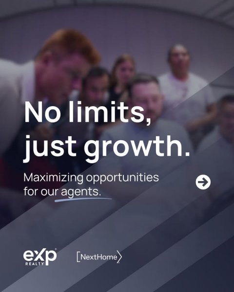 Advertisement, Poster, People. Text: No limits, just growth. Maximizing opportunities for our agents. exp REALTY