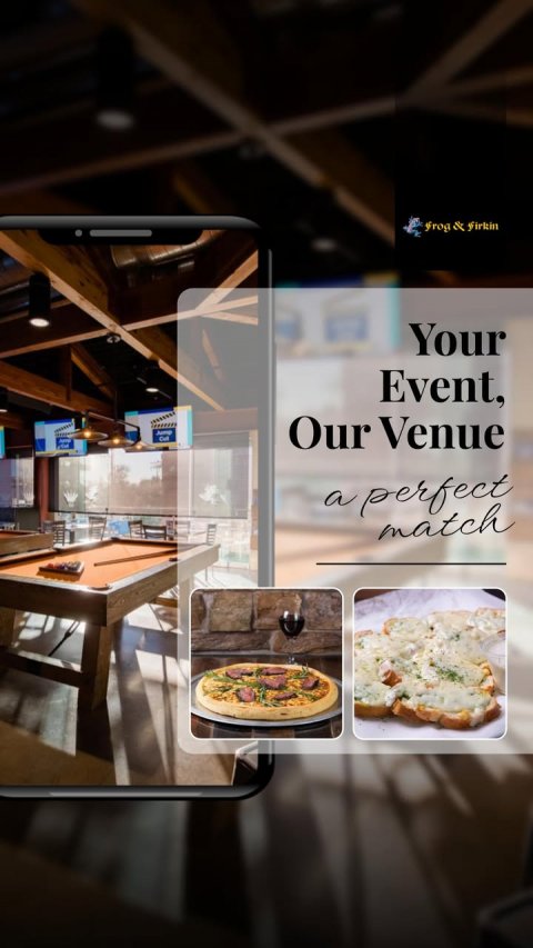Cafeteria, Restaurant, Advertisement. Text: Your Event, Our Venue a perfect match