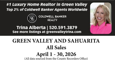 Text, Person, Woman. Text: #1 Luxury Home Realtor in Green Valley Top 2% of Coldwell Banker Agents Worldwide COLDWELL BANKER CB REALTY See more listings at greenvalleytrina.com GREEN VALLEY AND SAHUARITA All Sales (All data sourced from the County Recorders Office)