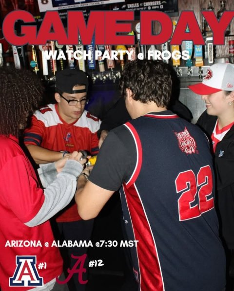 People, Person, Man. Text: GAMEDAY EAGLES e CHARGERS WATCH PARTY G FROGS 22 ARIZONA @ ALABAMA @7:30 MST