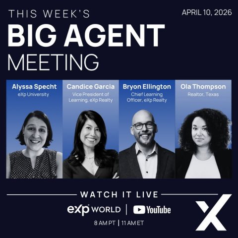 Advertisement, Poster, Person. Text: THIS WEEK'S APRIL 10, 2026 BIG AGENT MEETING Alyssa Specht Candice Garcia Bryon Ellington Ola Thompson eXp University Vice President of Chief Learning Realtor, Texas Learning, eXp Realty Officer, eXp Realty WATCH IT LIVE exp WORLD YouTube 8 AMPT I 11AMET