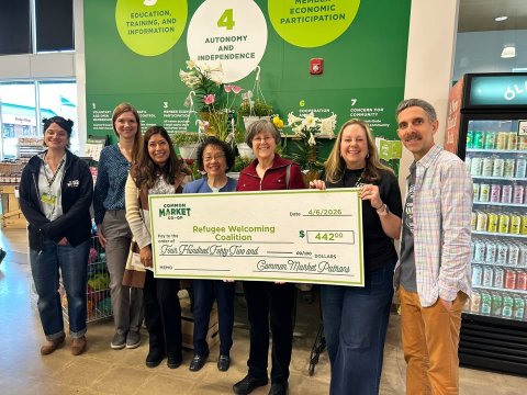 Advertisement, Groupshot, Person. Text: ECONOMIC EDUCATION, PARTICIPATION TRAINING, AND 4 INFORMATION AUTONOMY AND INDEPENDENCE 6 7 - COMMIN MARKET 4/6/2026 Refugee Welcoming $ Coalition