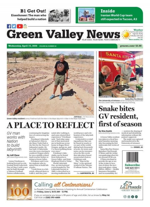 Adult, Man, Person. Text: B1 Get Out! Inside Eisenhower: The man who Iranian World Cup team helped build a nation still expected in Tucson, A3 f Weather Green Valley YOUR News YOUR YOUR SANTA RITA The University of Arizona we by studying the Snake bites GV resident, first of season